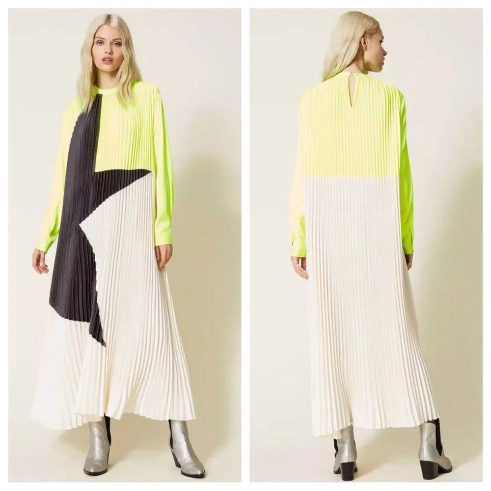 Twinset Milano Agate Star Pleated Satin Long Dress - Picture 1 of 16